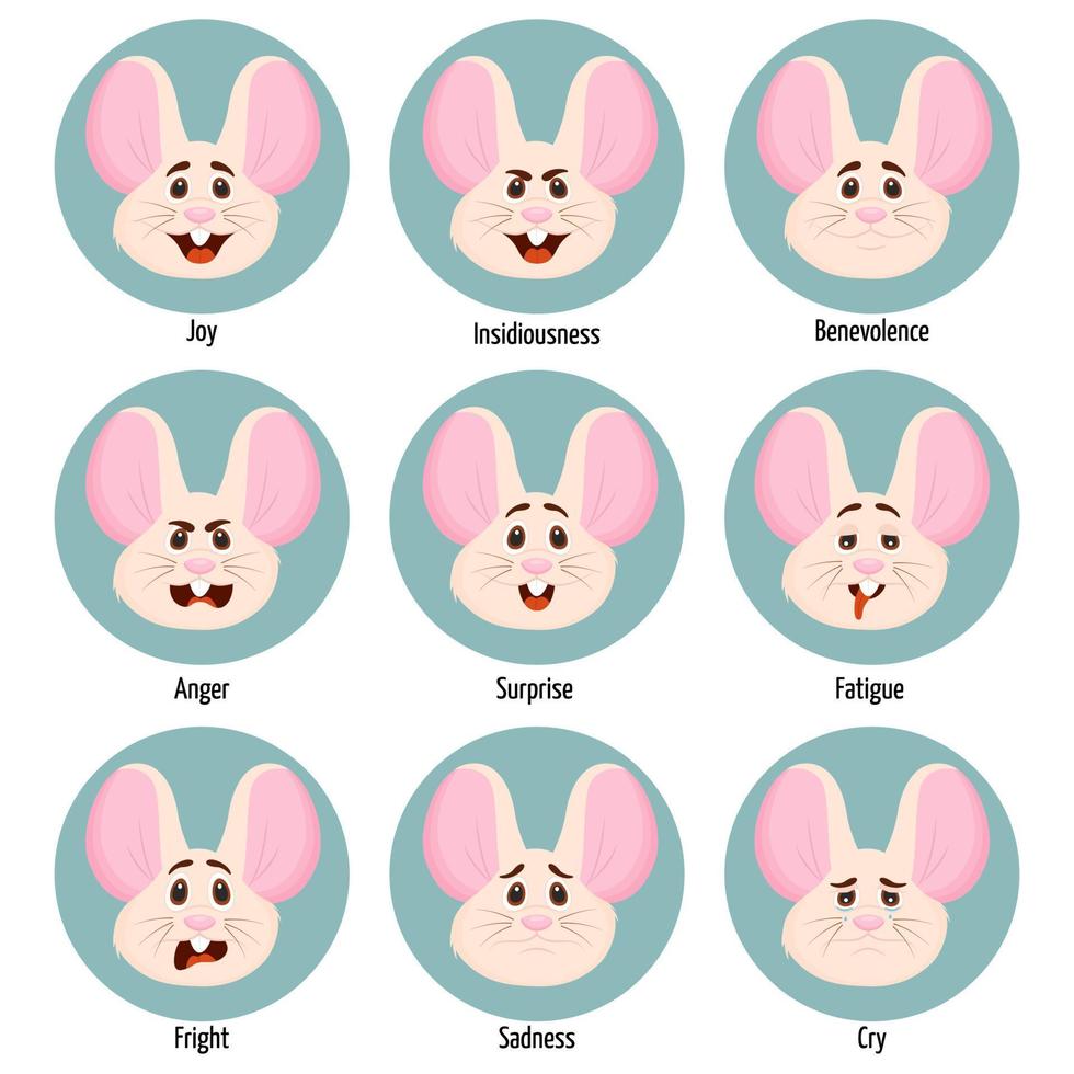 Set of different emotions of a mouse character. Facial expression. Set of mouse character feelings vector