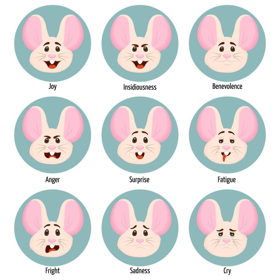 conjunto de diferentes emociones de un personaje de ratón. expresión facial. conjunto de sentimientos de carácter de ratón vector