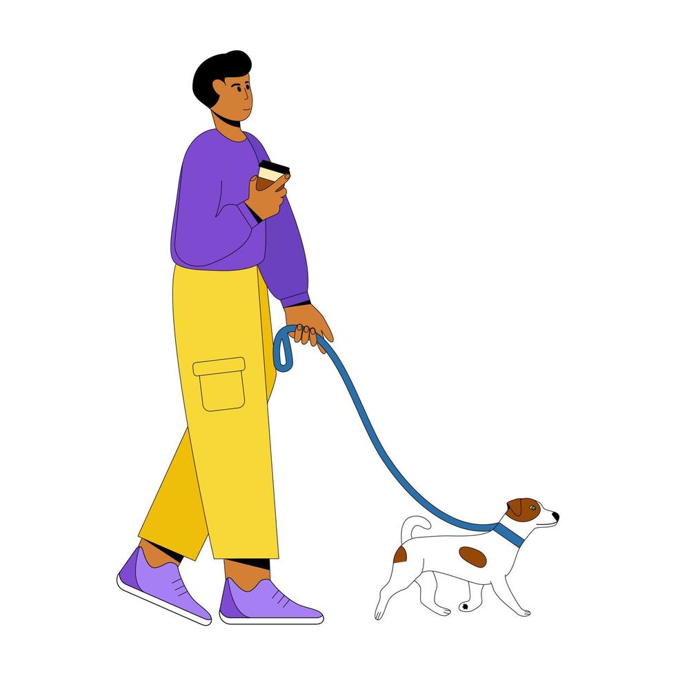 Man walking with a dog. Professional dog walking. Flat vector illustration isolated on white background