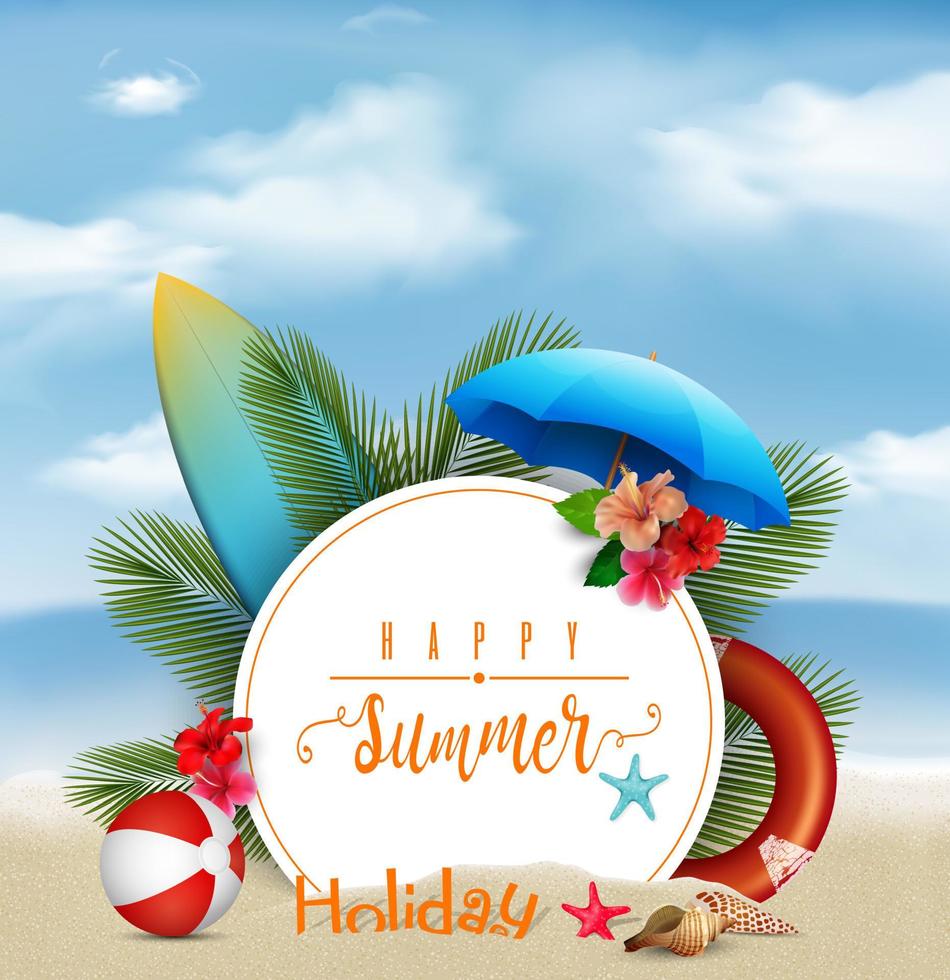 Summer holiday background with a white circle for text and beach elements vector