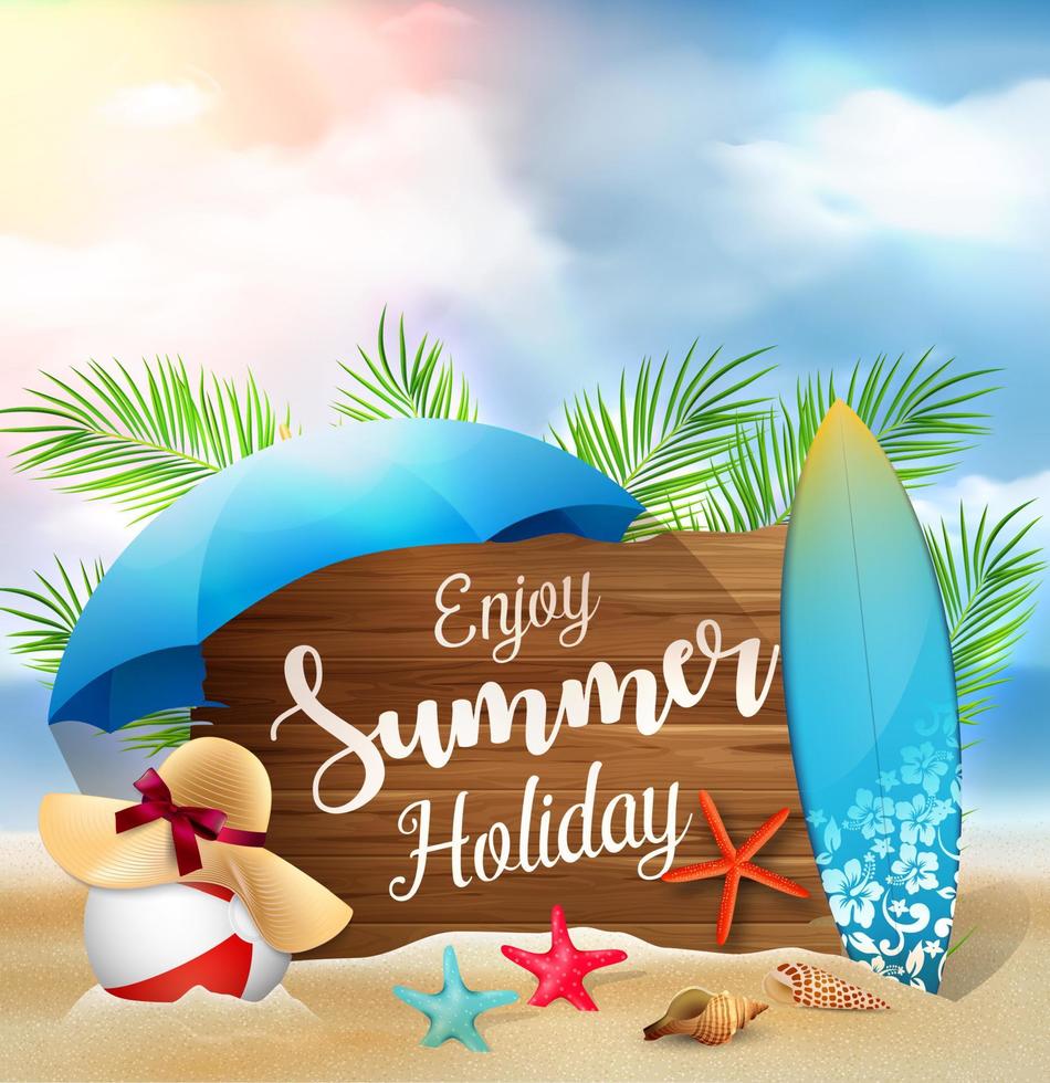 Enjoy summer holidays banner design with a wooden sign for text and beach elements vector
