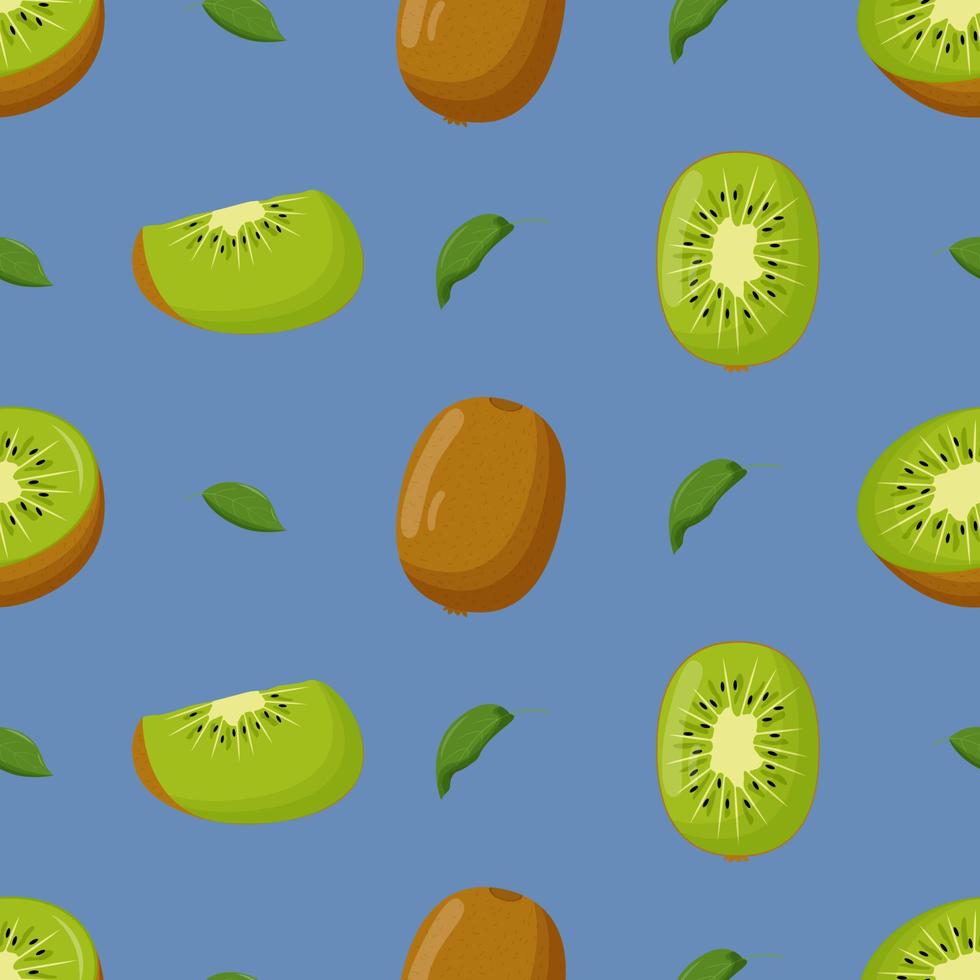 Kiwi with green leaves seamless pattern. Flat vector illustration