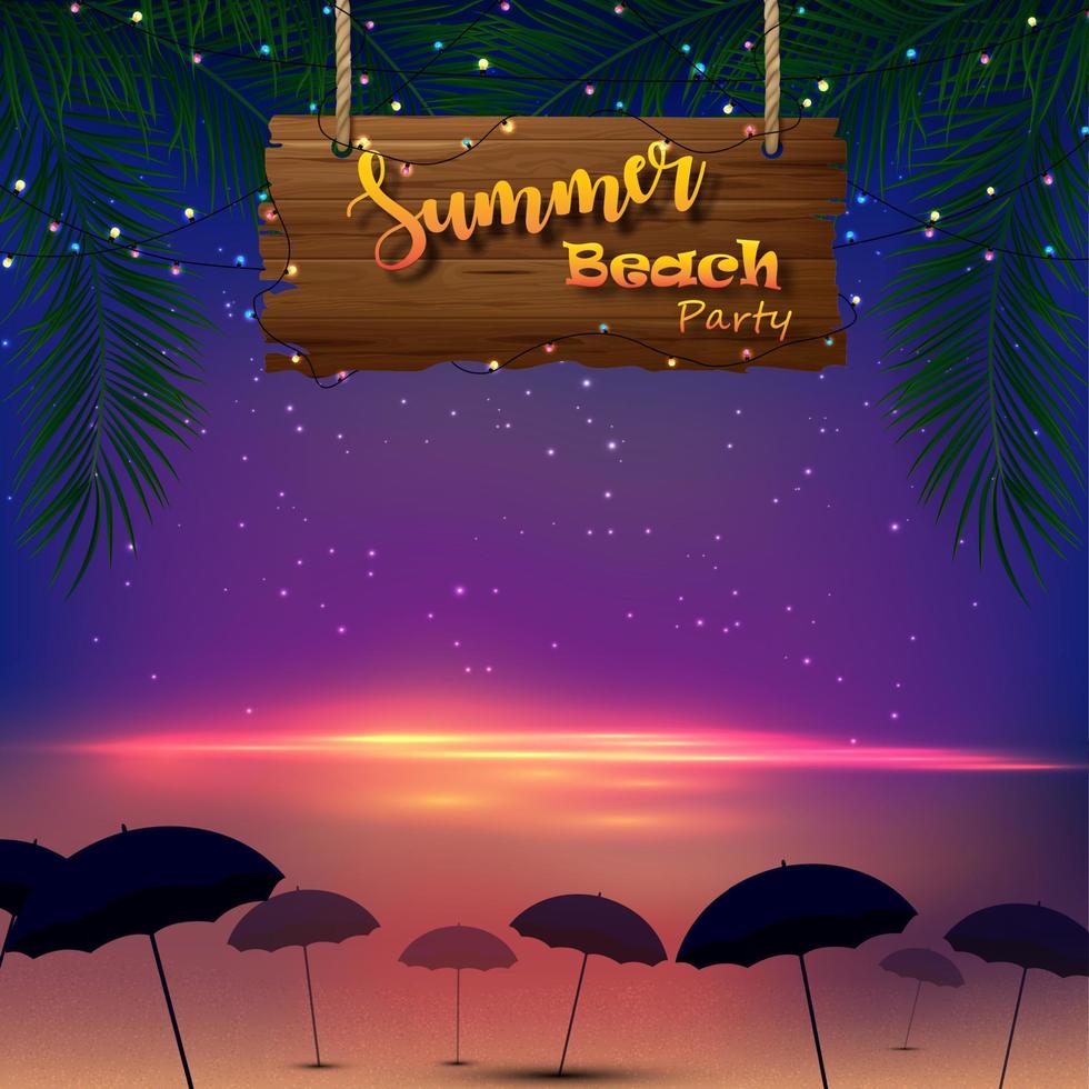 verano playa fiesta. tropical palma arboles con un de madera firmar y muchos paraguas a el playa vector