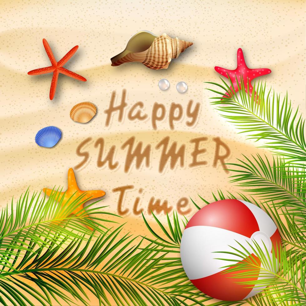 Summer holidays beach background with starfish, corals, ball, and palm trees vector