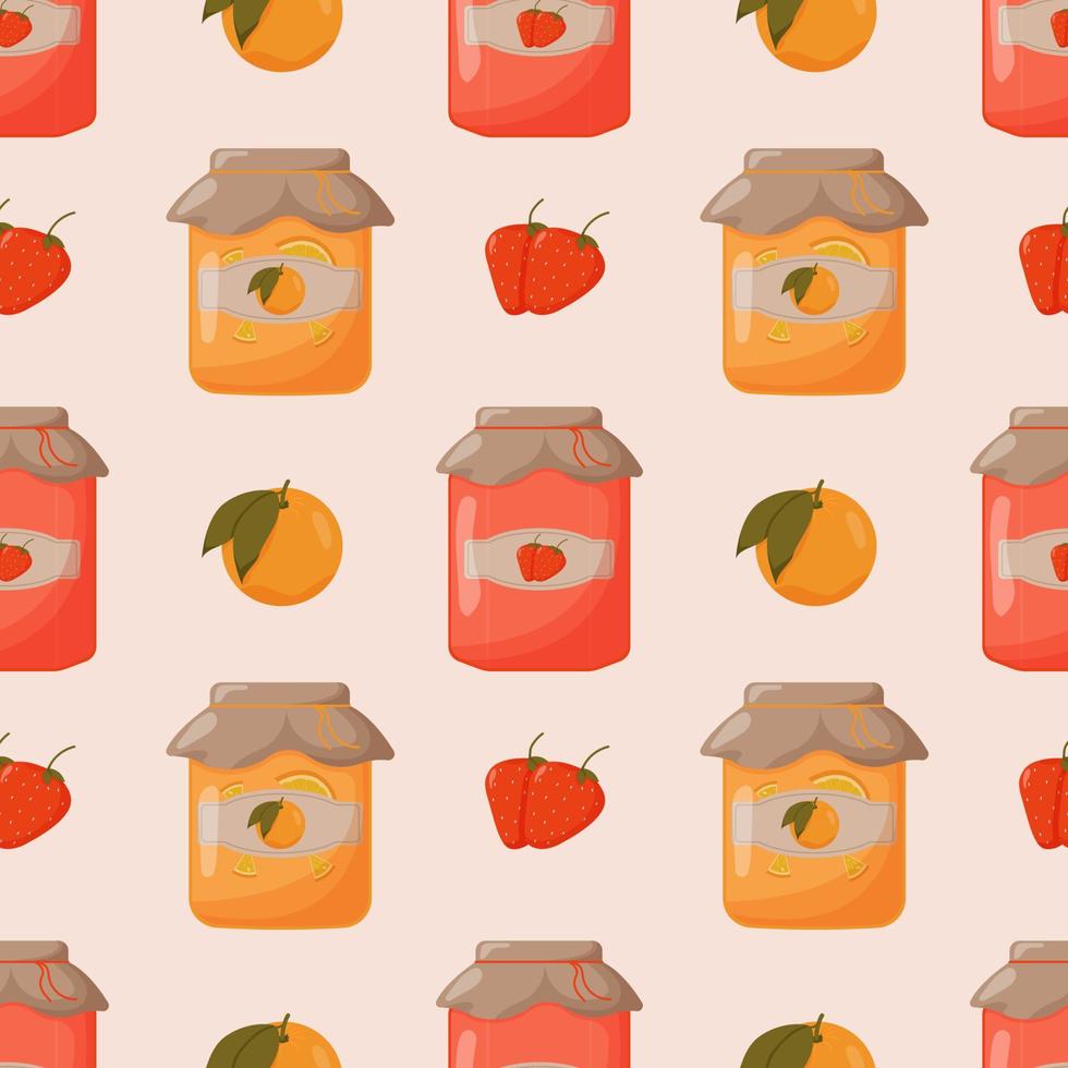 Glass jars of jam made of orange and strawberry with a closed lid seamless pattern. Cute vector illustration