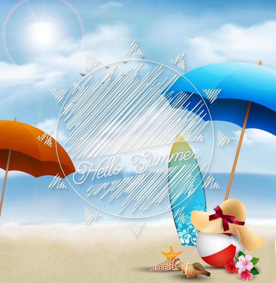 Hello summer in beach seashore with holiday elements vector