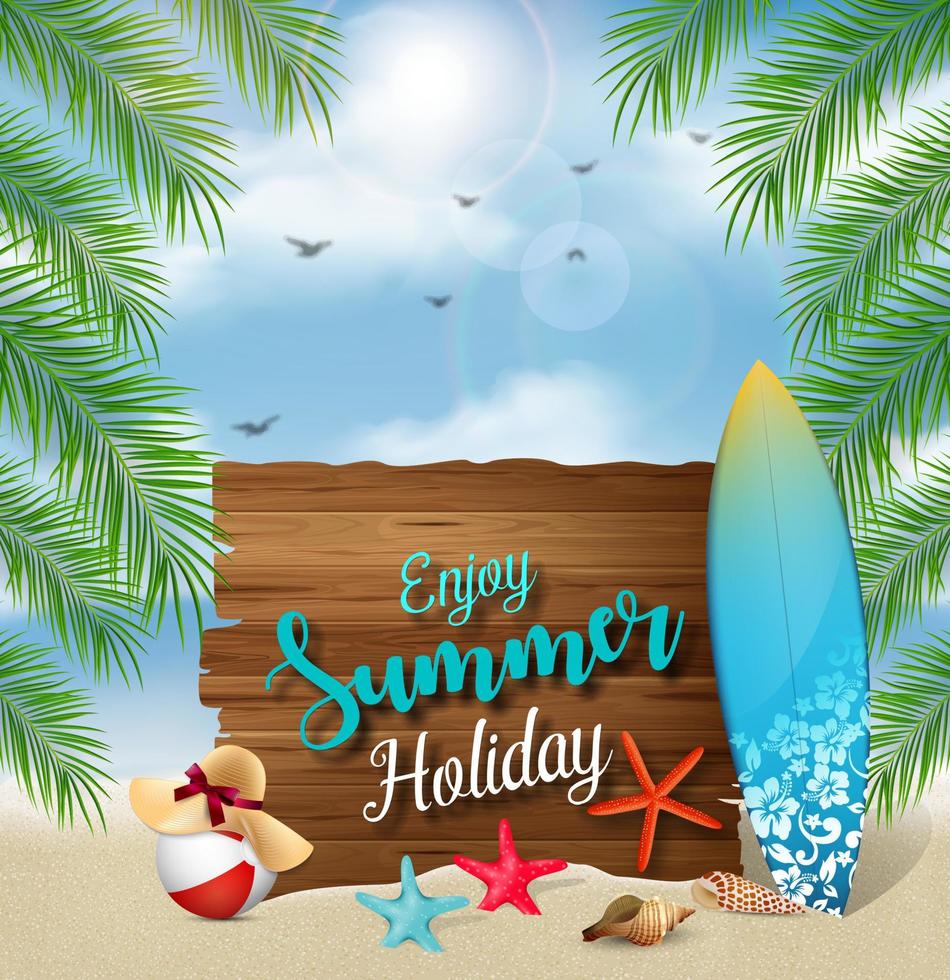 disfrutar verano Días festivos bandera diseño con un de madera firmar para texto y playa elementos vector