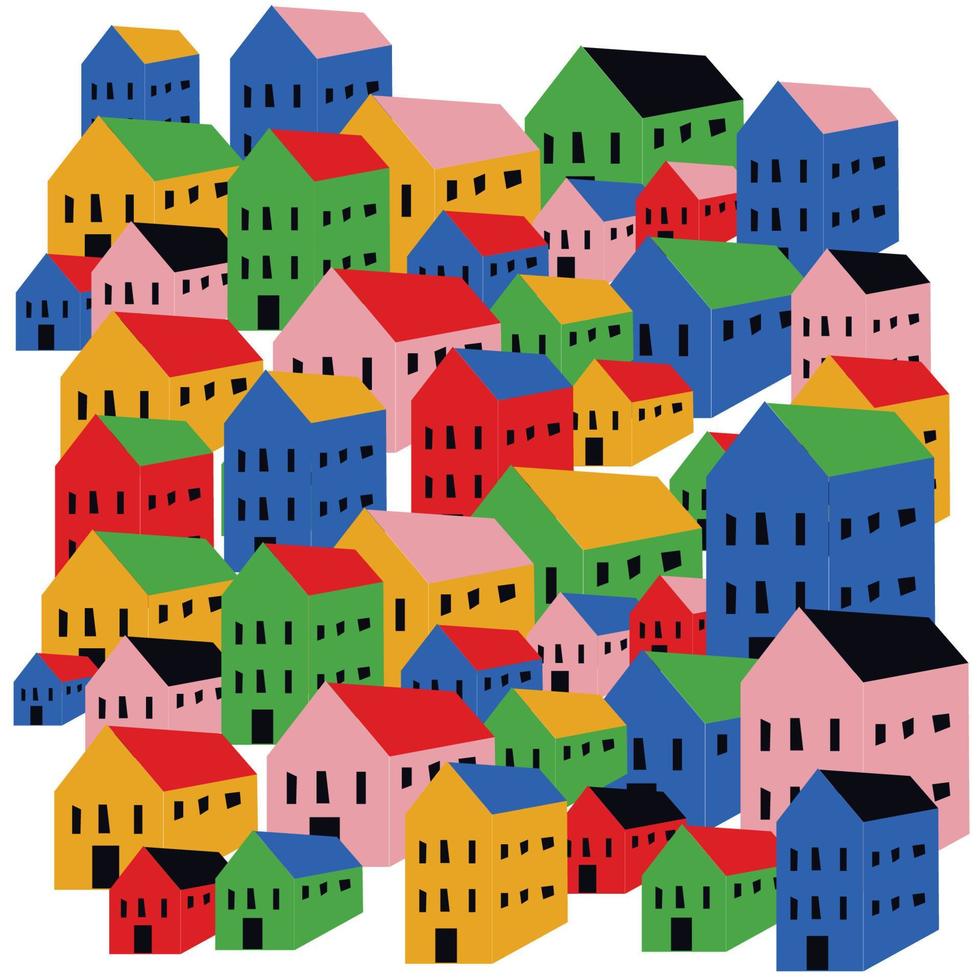 Cute little town with colorful houses flat vector illustration. Village houses collection