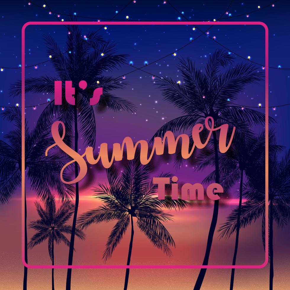 It's summer time with palm trees at night background vector