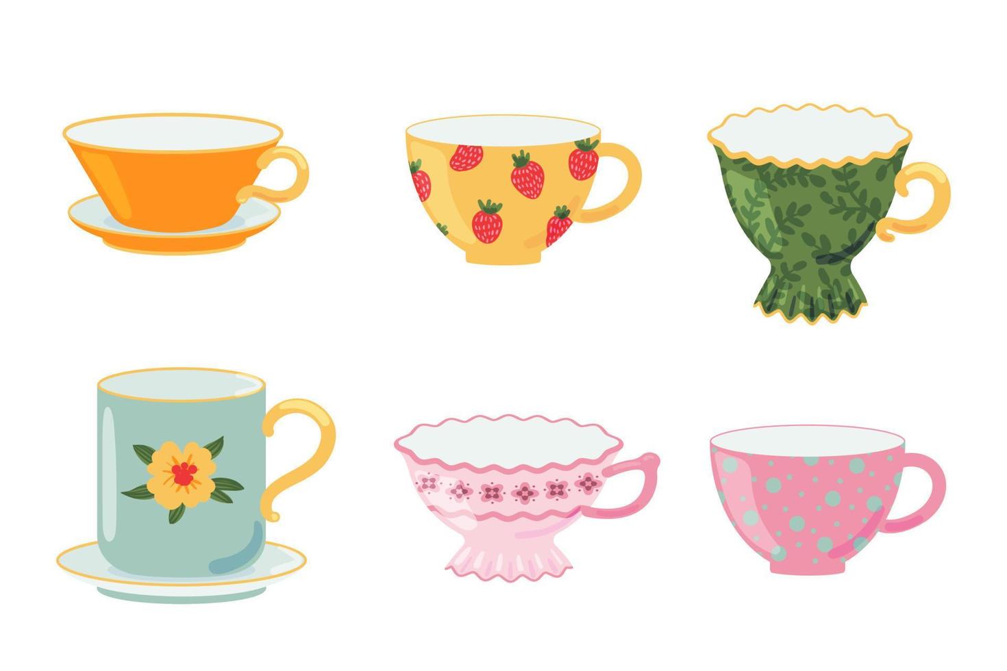 Collection of cups, saucers for tea, coffee. Decorative kitchen tools, ceramic drinkware, glassware for morning drink. Household utensils. Set of colored mugs. Cartoon vector isolated illustration