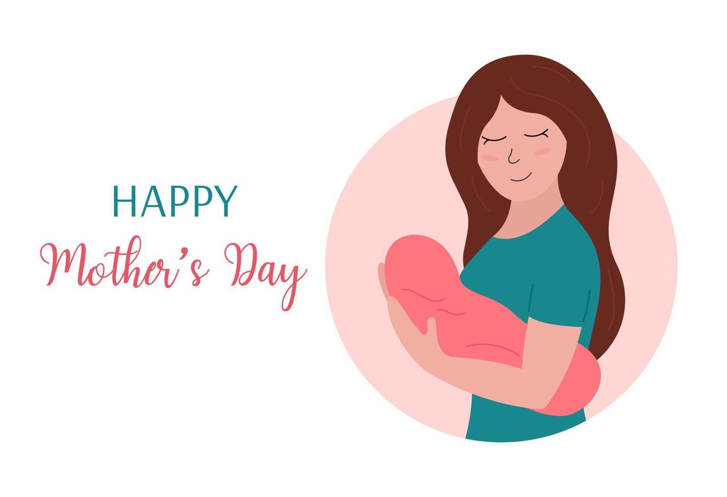 contento madres día fiesta saludo tarjeta. linda sonriente mujer participación recién nacido bebé muchacha. mamá y pequeño niño. vector plano ilustración para madres día