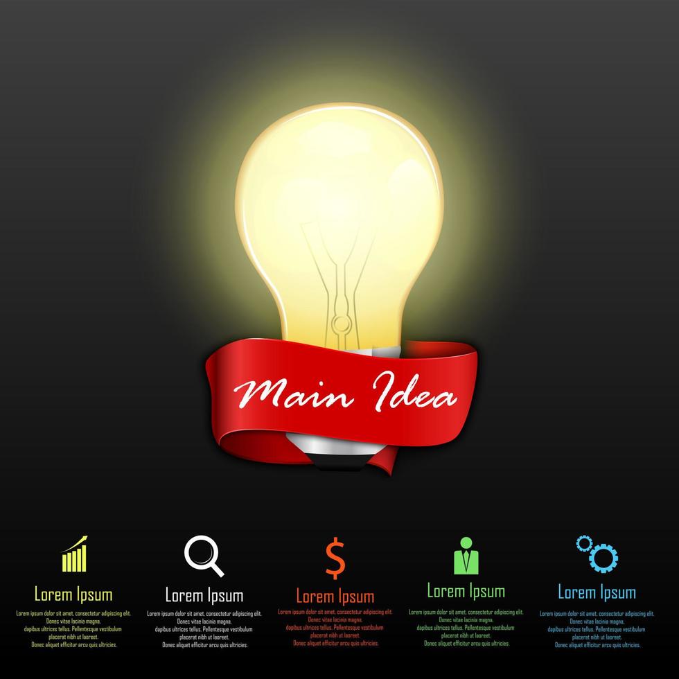 Main idea concept with 5 steps options and light bulb vector