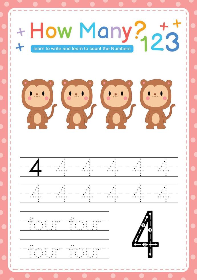 Numbers tracing template by counting Baby Animal Number 4 vector