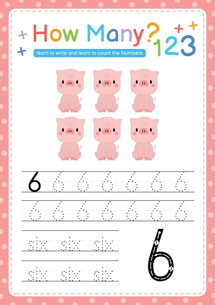 Numbers tracing template by counting Baby Animal Number 6 vector