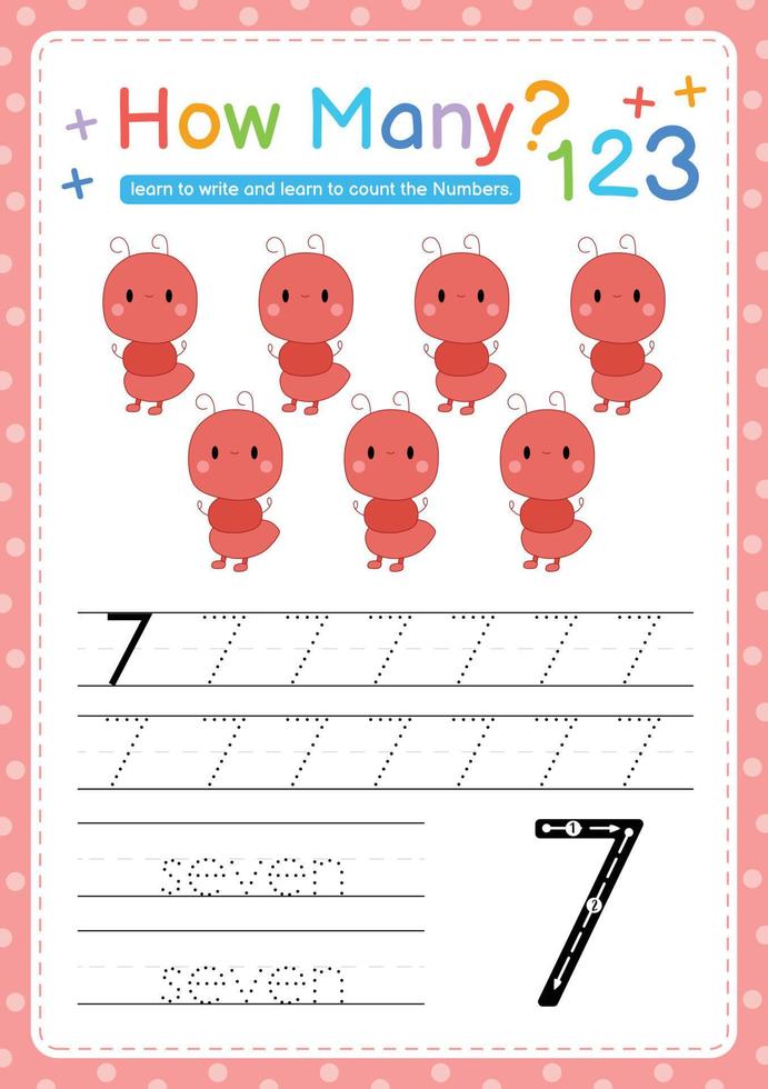 Numbers tracing template by counting Baby Animal Number 7 vector
