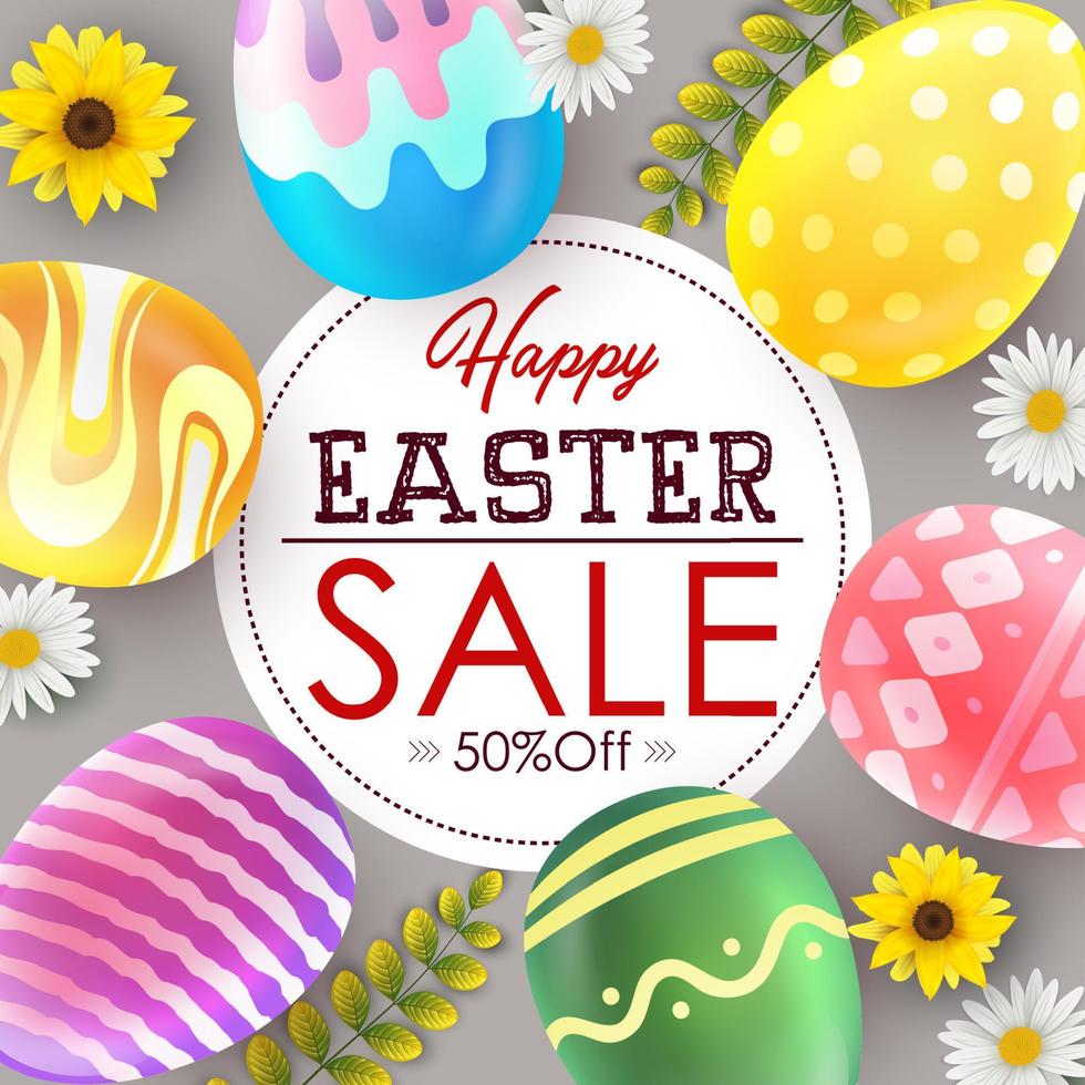 Easter sale banner background template with beautiful colorful flowers and eggs vector