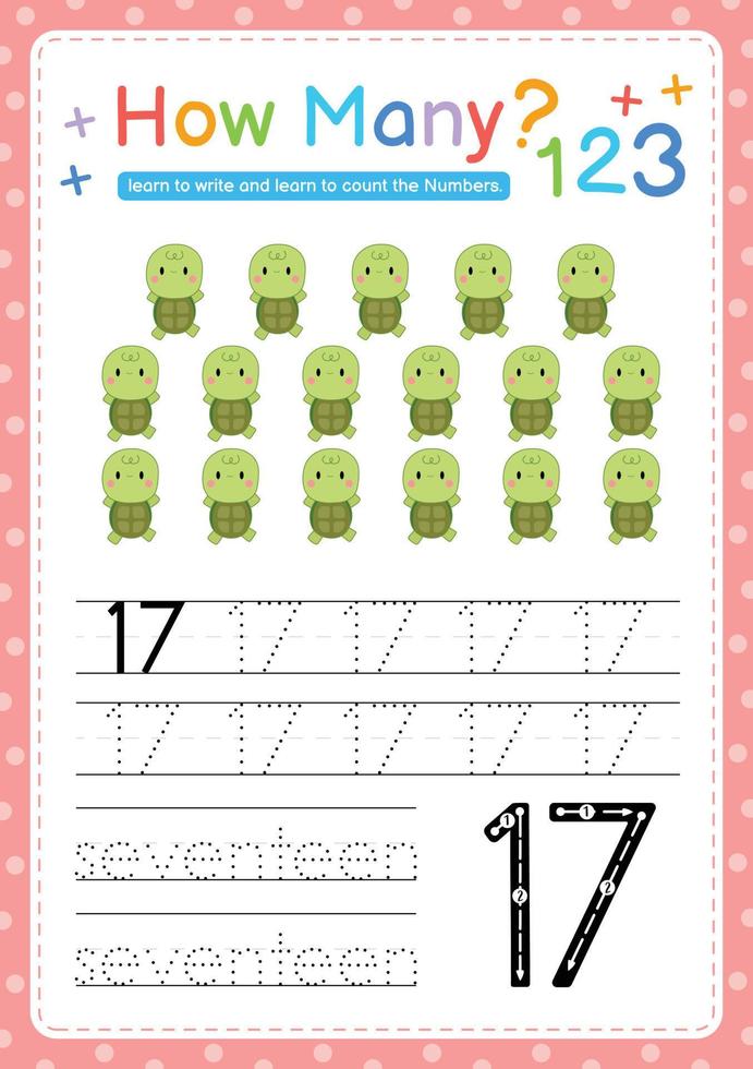 Numbers tracing template by counting Baby Animal Number 17 vector