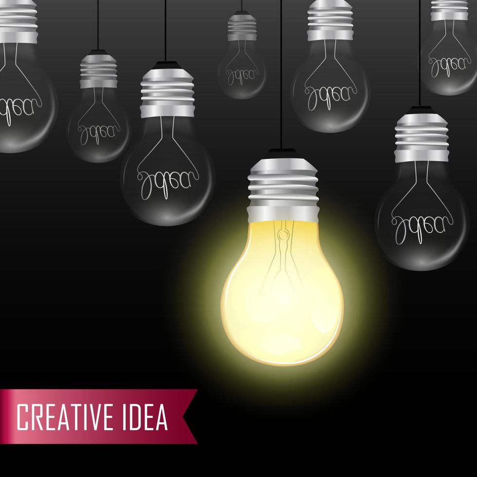 Creative light bulb Idea concept. Hanging light bulbs with glowing one on a black background vector