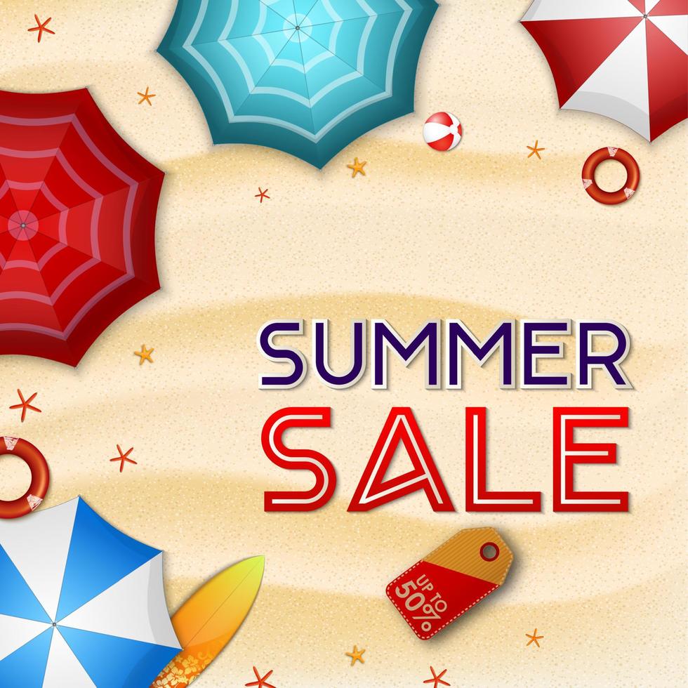 Summer sale background. Top view of many umbrellas, surfboard, buoy, starfish, and beach ball vector