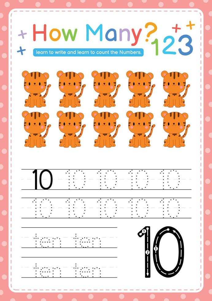 Numbers tracing template by counting Baby Animal Number 10 vector