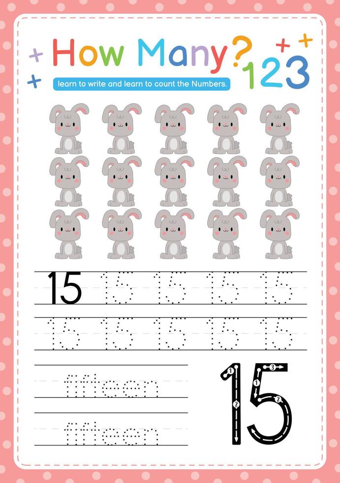 Numbers tracing template by counting Baby Animal Number 15 vector