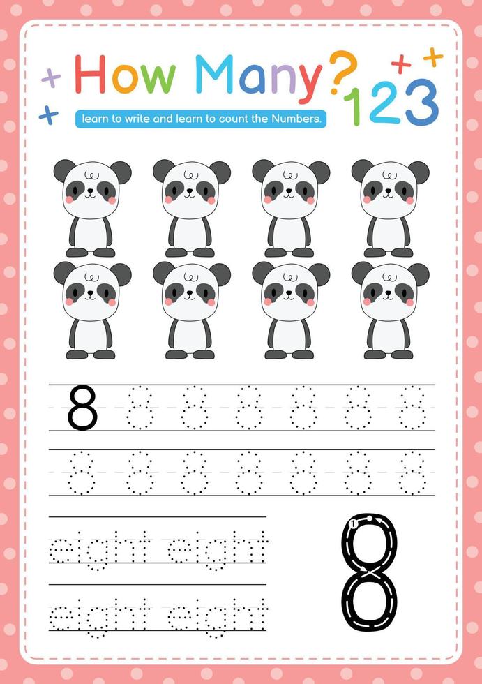 Numbers tracing template by counting Baby Animal Number 8 vector