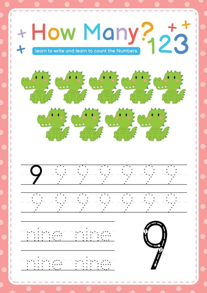 Numbers tracing template by counting Baby Animal Number 9 vector