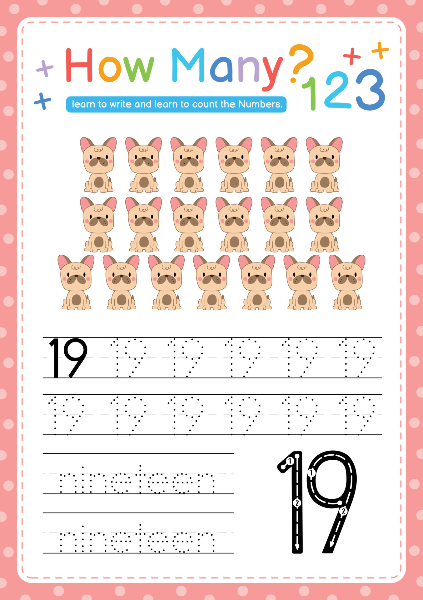 Numbers tracing template by counting Baby Animal Number 19 19848489