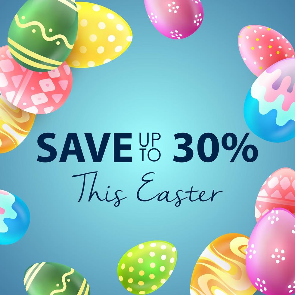 Easter sale banner with beautiful colorful eggs on blue background
