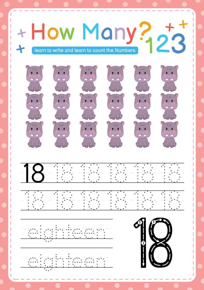 Numbers tracing template by counting Baby Animal Number 18 vector