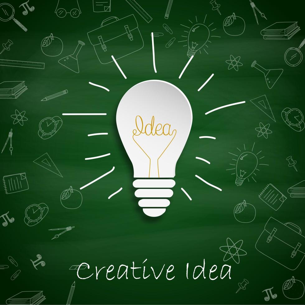 Creative idea light bulb concept with school supplies lines on a green chalkboard vector