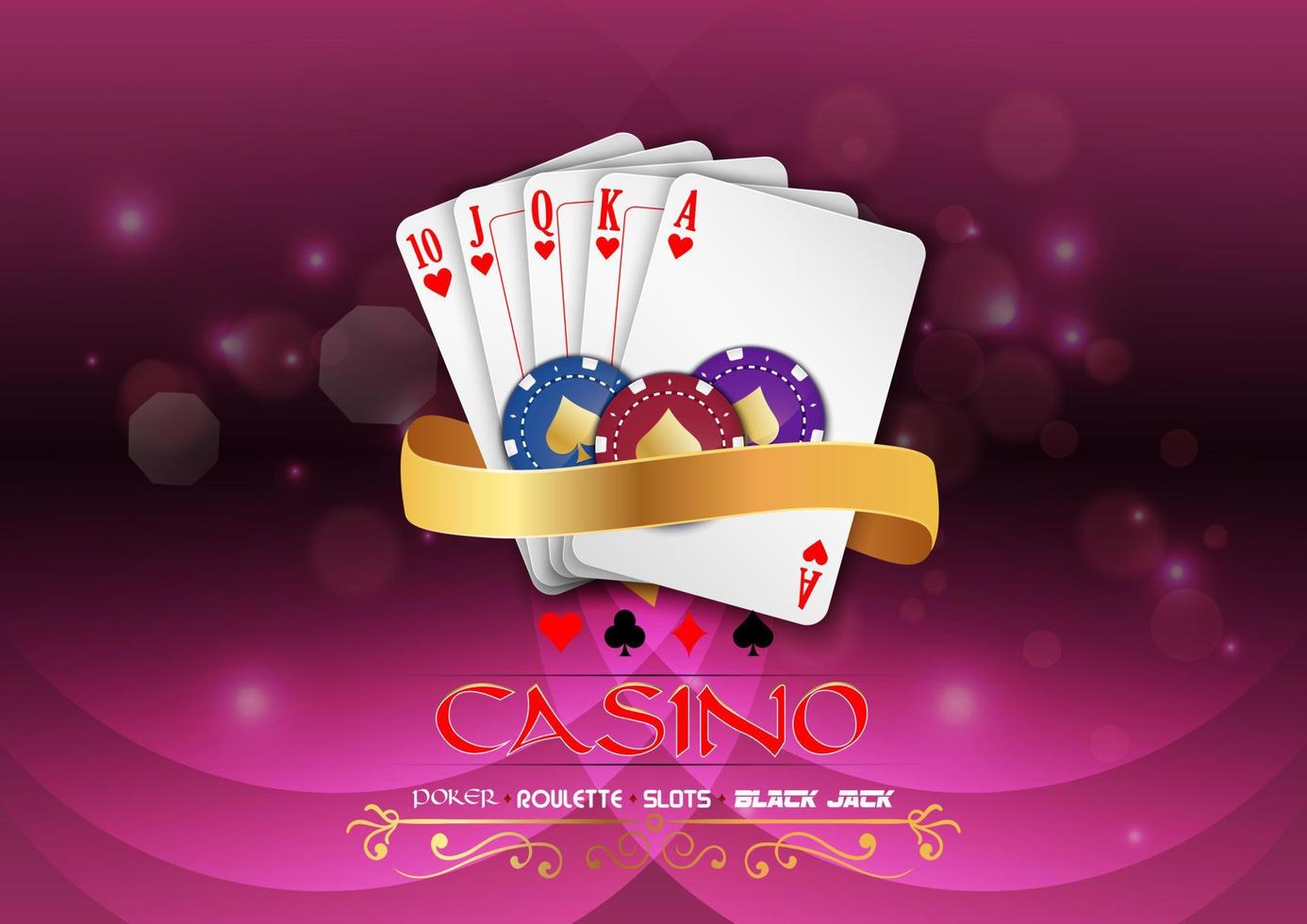 Poker casino gambling set with chips and royal flush ribbon on a purple light background vector