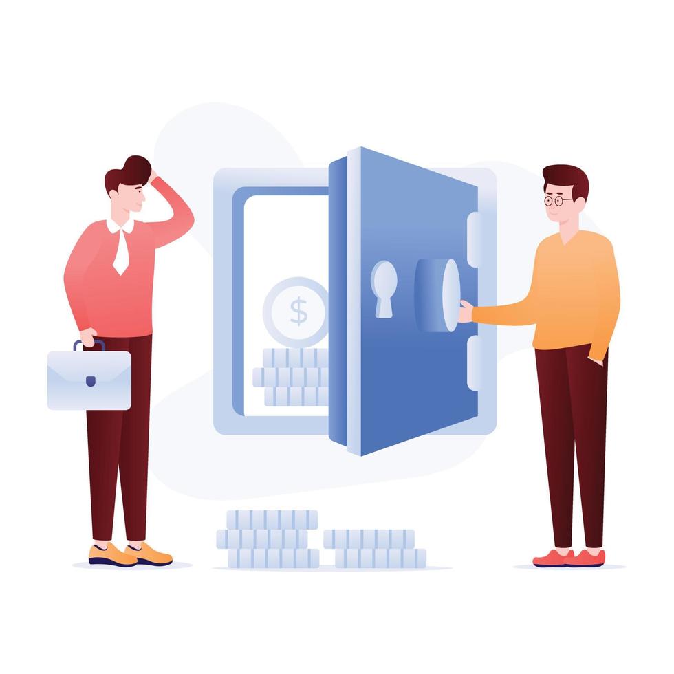 Persons with cash vault, flat illustration of bank deposit vector