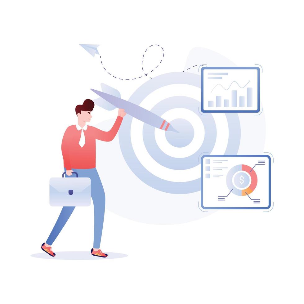 Person with dartboard and chart, concept of business objectives flat illustration vector