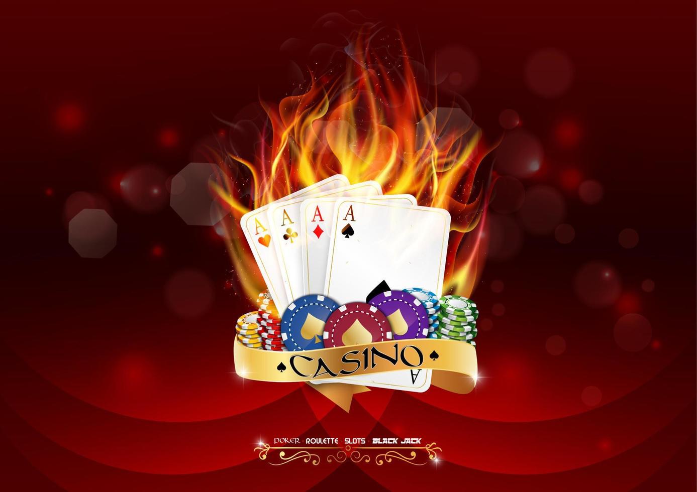 Casino poker banner with chips and poker cards burn in the fire on red background vector