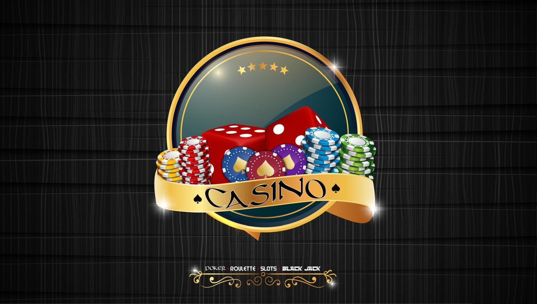 Casino colorful chips with red dice and golden ribbon on dark background vector