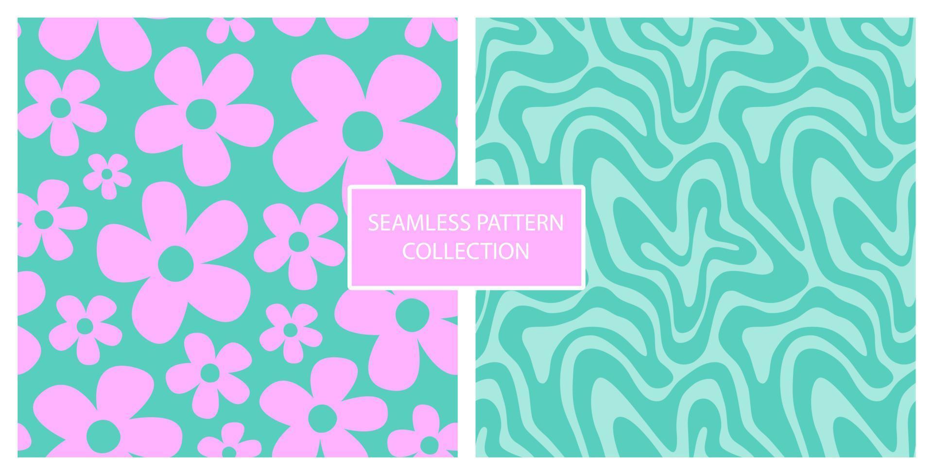 1970 seamless retro pattern with trippy wave and daisy flowers. Groovy vintage hand-drawn vector background. Hippie aesthetic wallpaper.