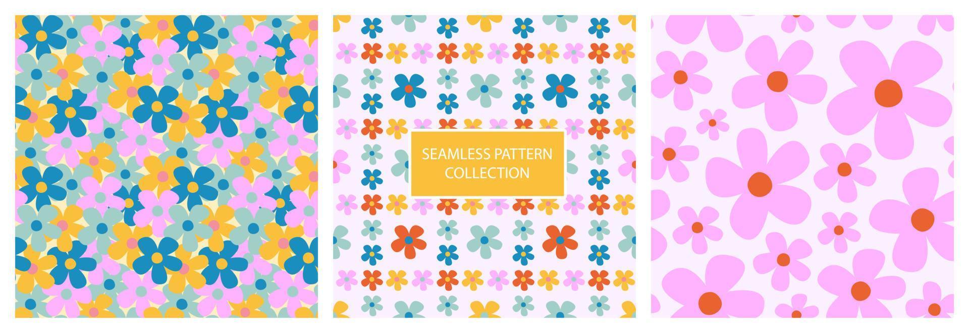 Set of abstract seamless patterns with groovy daisy flowers. Three colorful retro floral vector wallpaper for surface design. Decorative hippy vintage floral background.