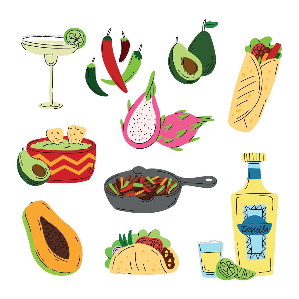 Set of cartoon traditional mexican food. Vector isolated meals in doodle style. Food and drink from Mexico.