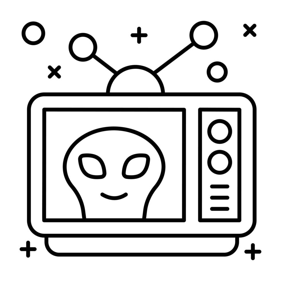 Alien inside tv, linear icon of space telecast vector