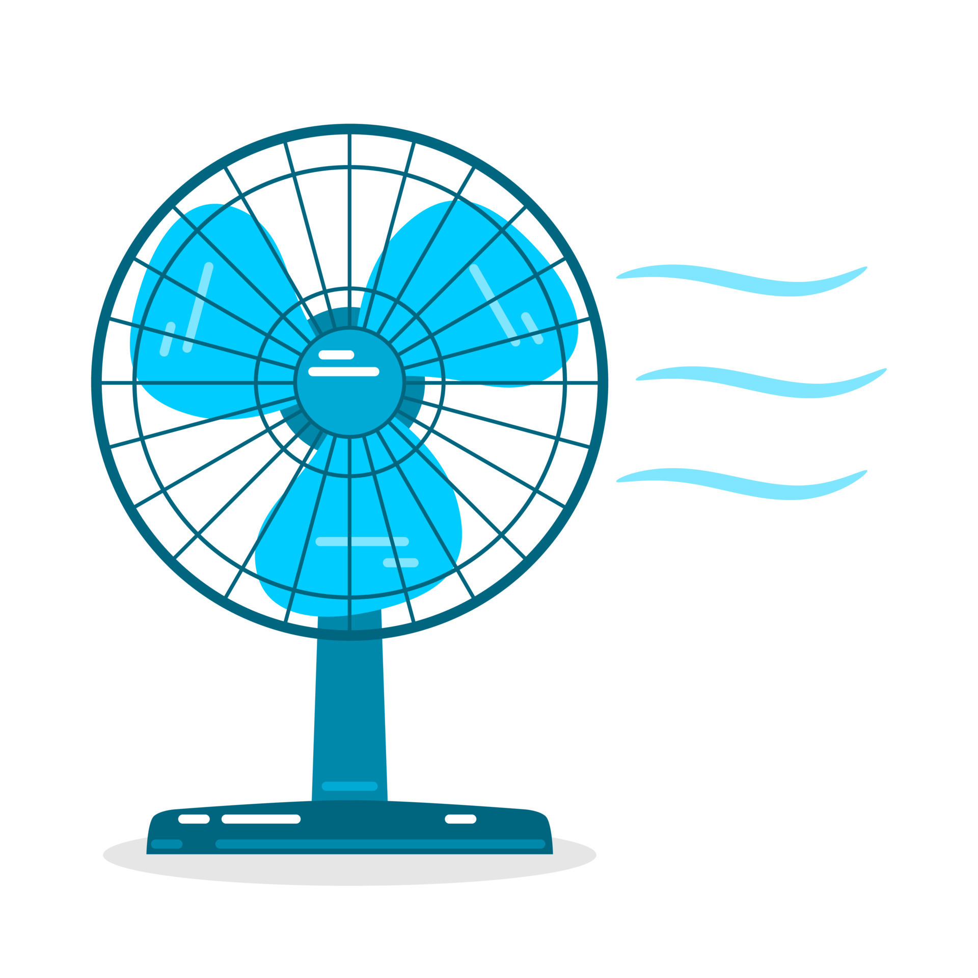 Blue electric table fan with cool breeze on white background flat