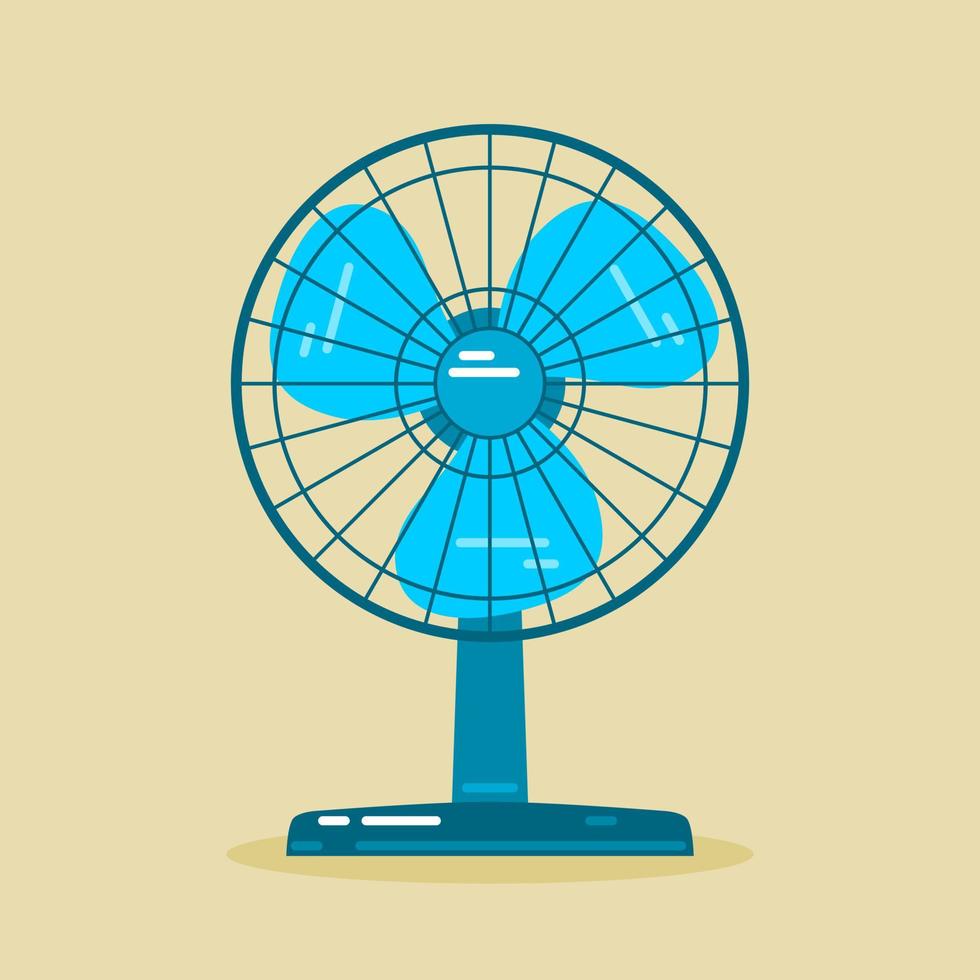 Blue electric table fan with cool breeze on brown background flat vector icon design.
