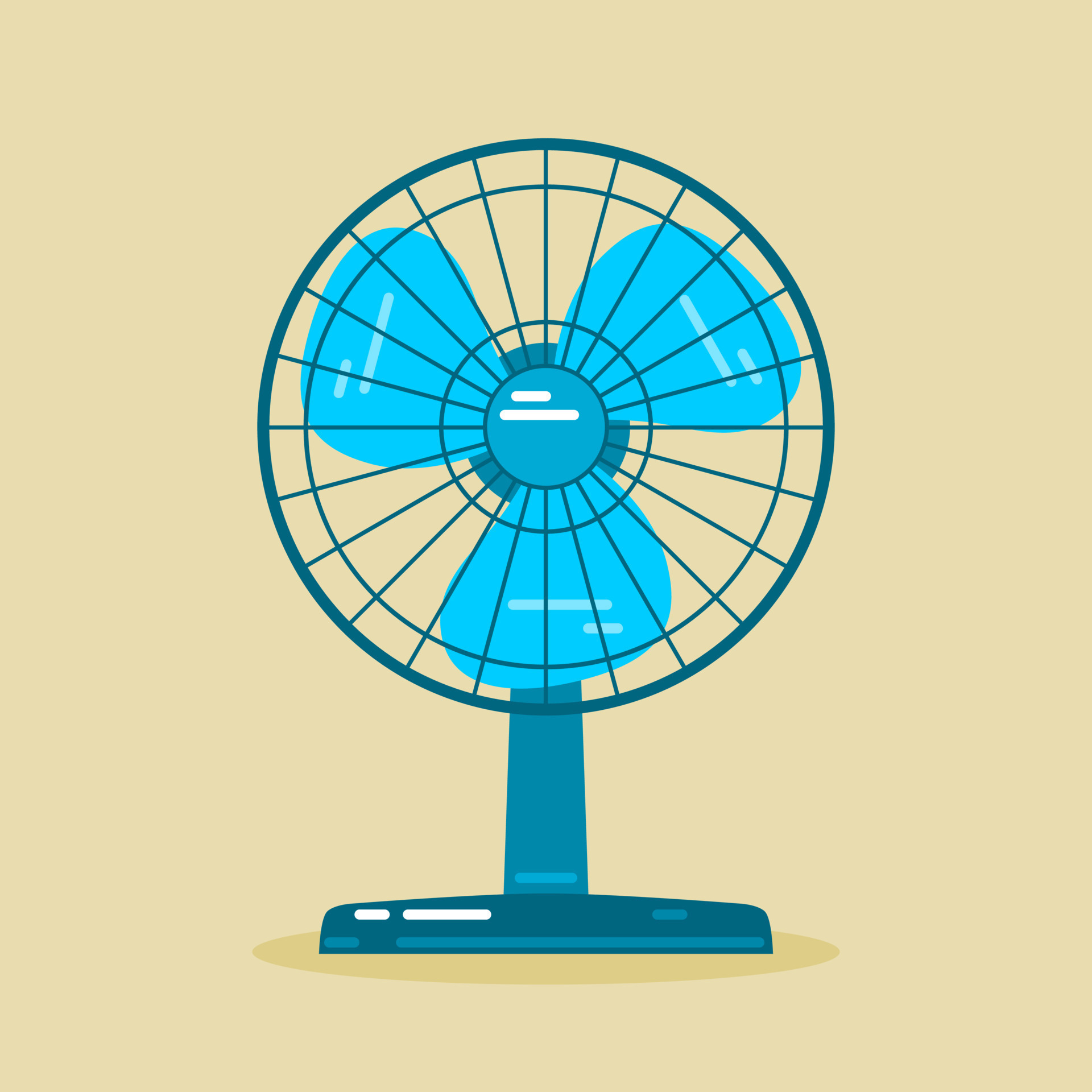Blue electric table fan with cool breeze on brown background flat