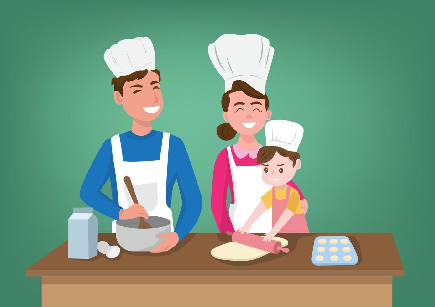 padres y niños preparando un festivo pastel a el cocina. familia corbatas vector ilustración