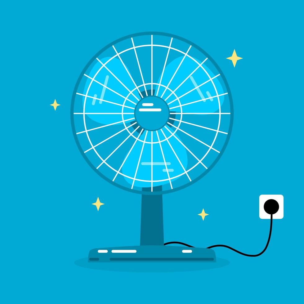 Blue electric table fan with power socket plug on white background flat vector icon design.