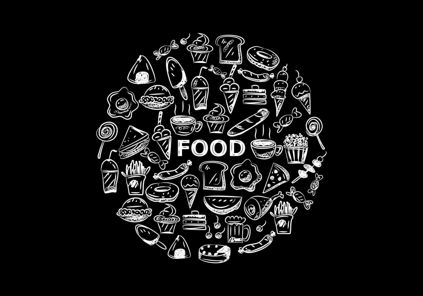 Fast food cartoon doodle hand drawn circle on black background flat vector design.