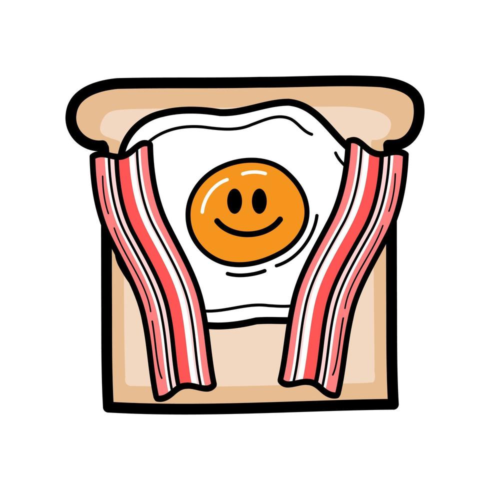 Bacon with fried egg smile on sliced bread breakfast hand drawing doodle cartoon character flat vector design.