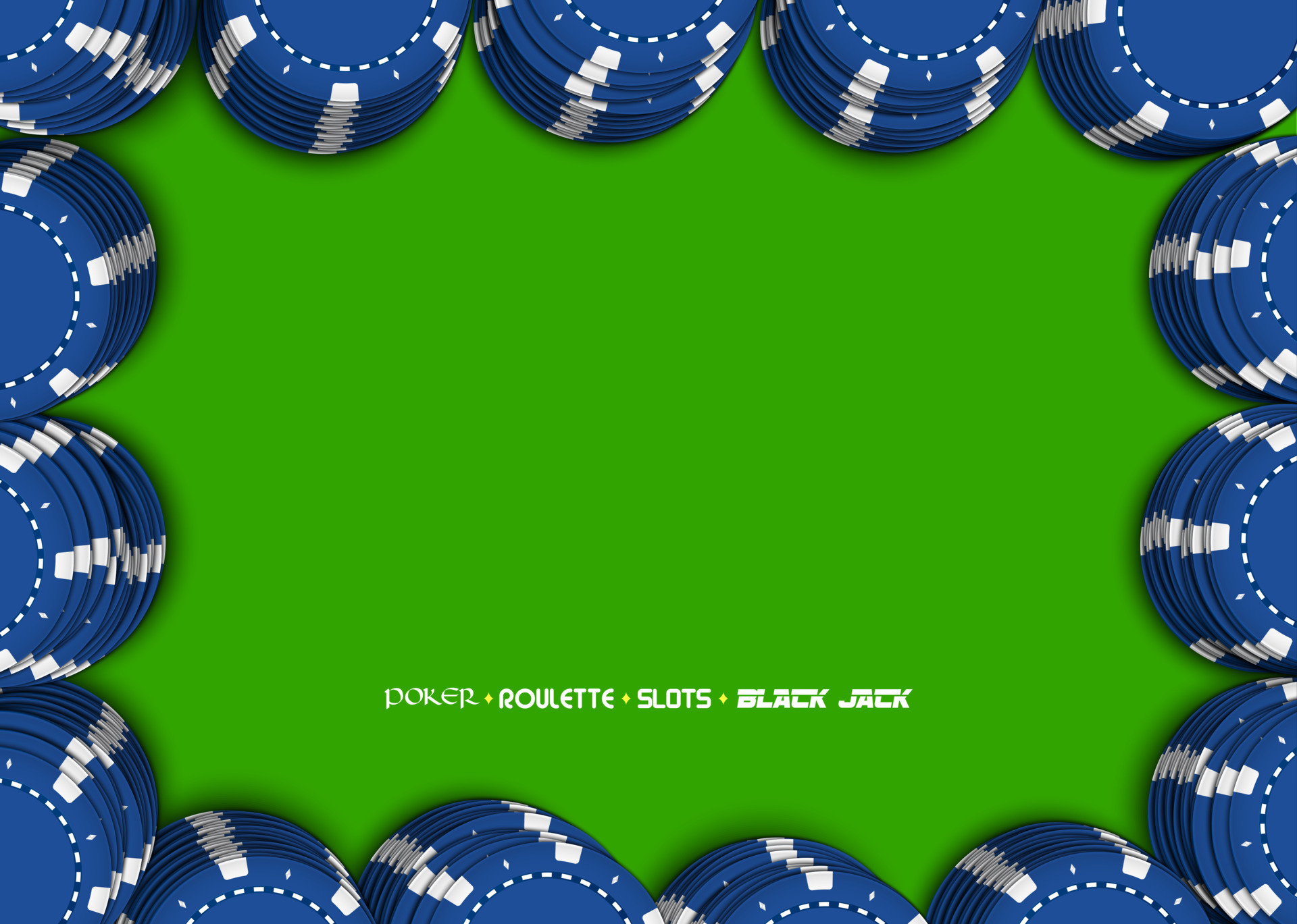 Casino chips on a green background. Top view of blue stacks casino