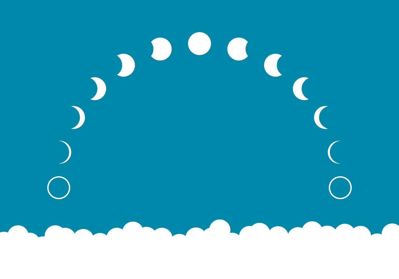 Moon different phases or lunar phases curve with white cloud on blue background flat vector design icon.