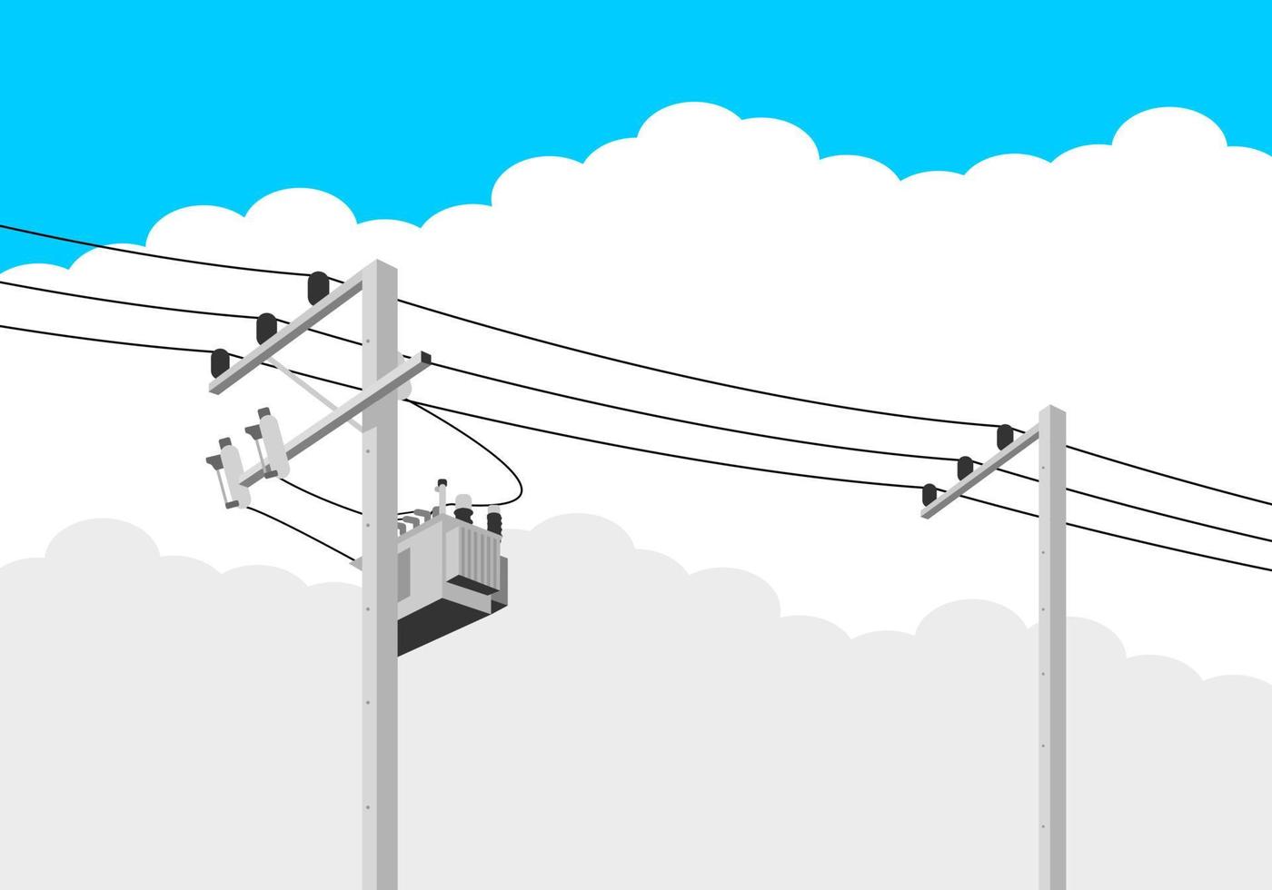 Cement high voltage electric pole power with transformer and drop fuse with white clouds on blue sky background flat vector design.